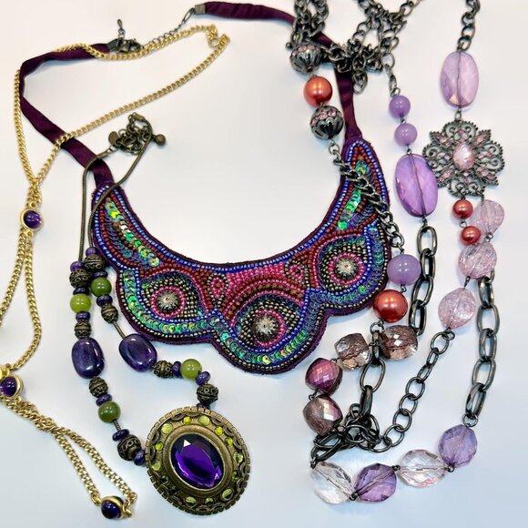 Vintage Layered Necklace Lot: Black Purple Boho Statement 4 Piece Purple Chicos - Picture 3 of 5